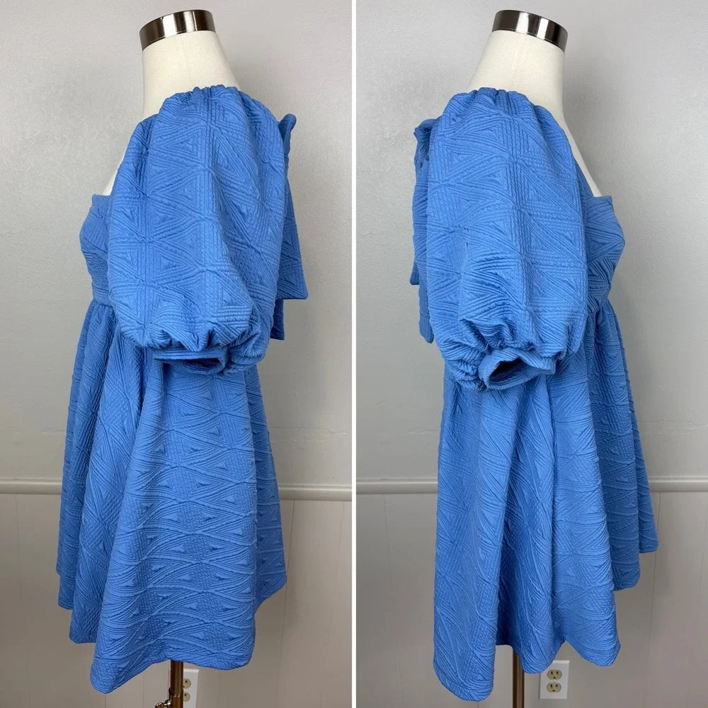 Free People Violet Puff Sleeve Mini Dress Blue Babydoll Textured‎ Matelasse Knit
